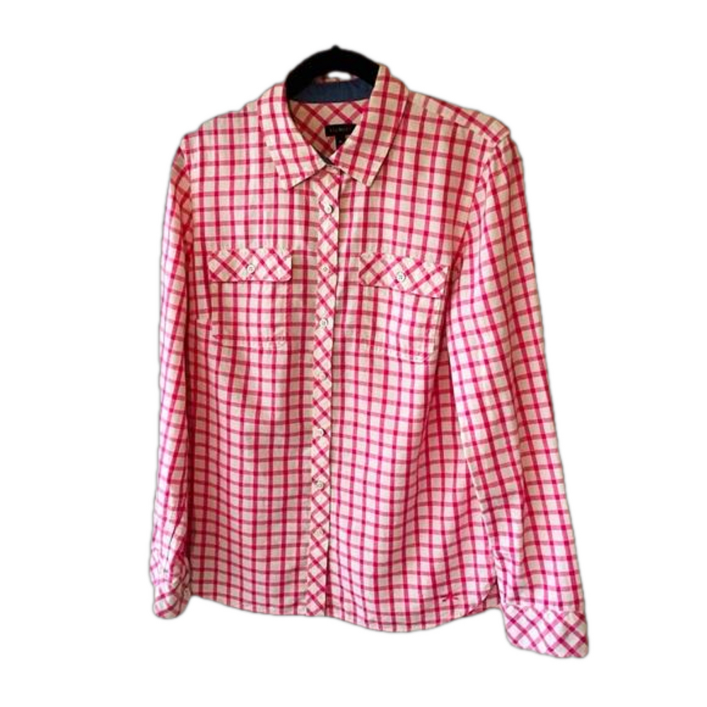Talbots Pink White Gingham Checkered Metallic Button Up Top Shirt M Cotton